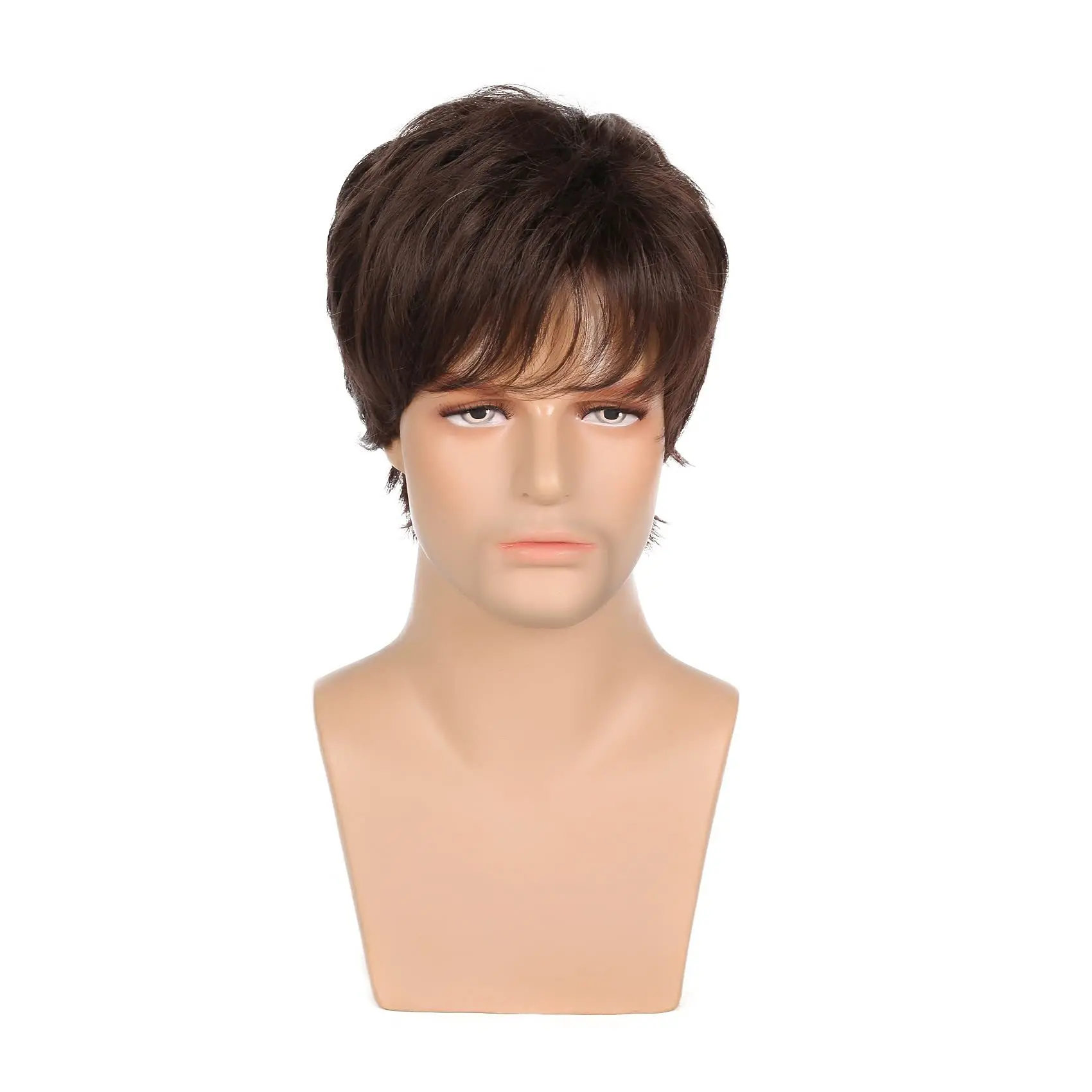 Short straight hair brown  fluffy long bangs chemical fiber headgear Men wigs