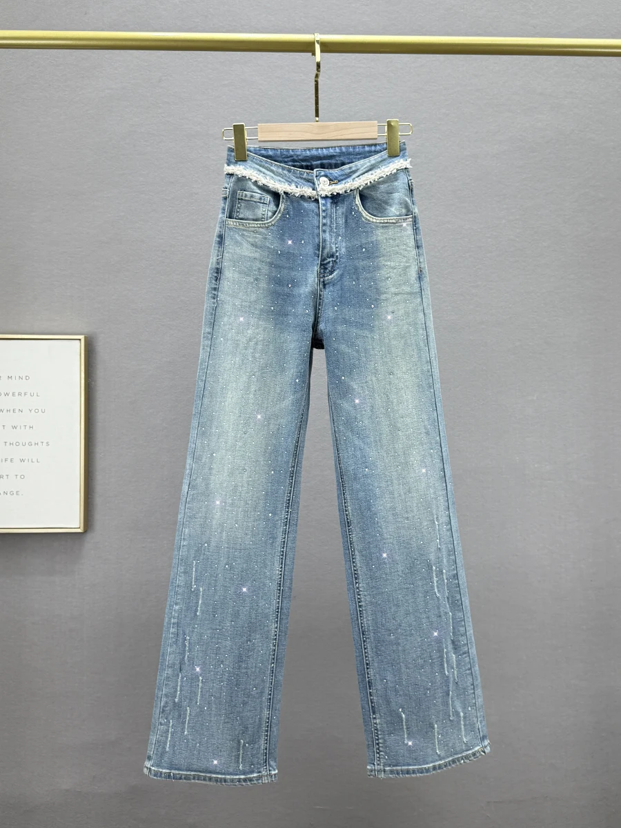 

Женские джинсы с высокой талией и прямыми штанинами, весна 2025, удлиненные, с эффектом похудения, в пол, с декором из страз, классический синий деним