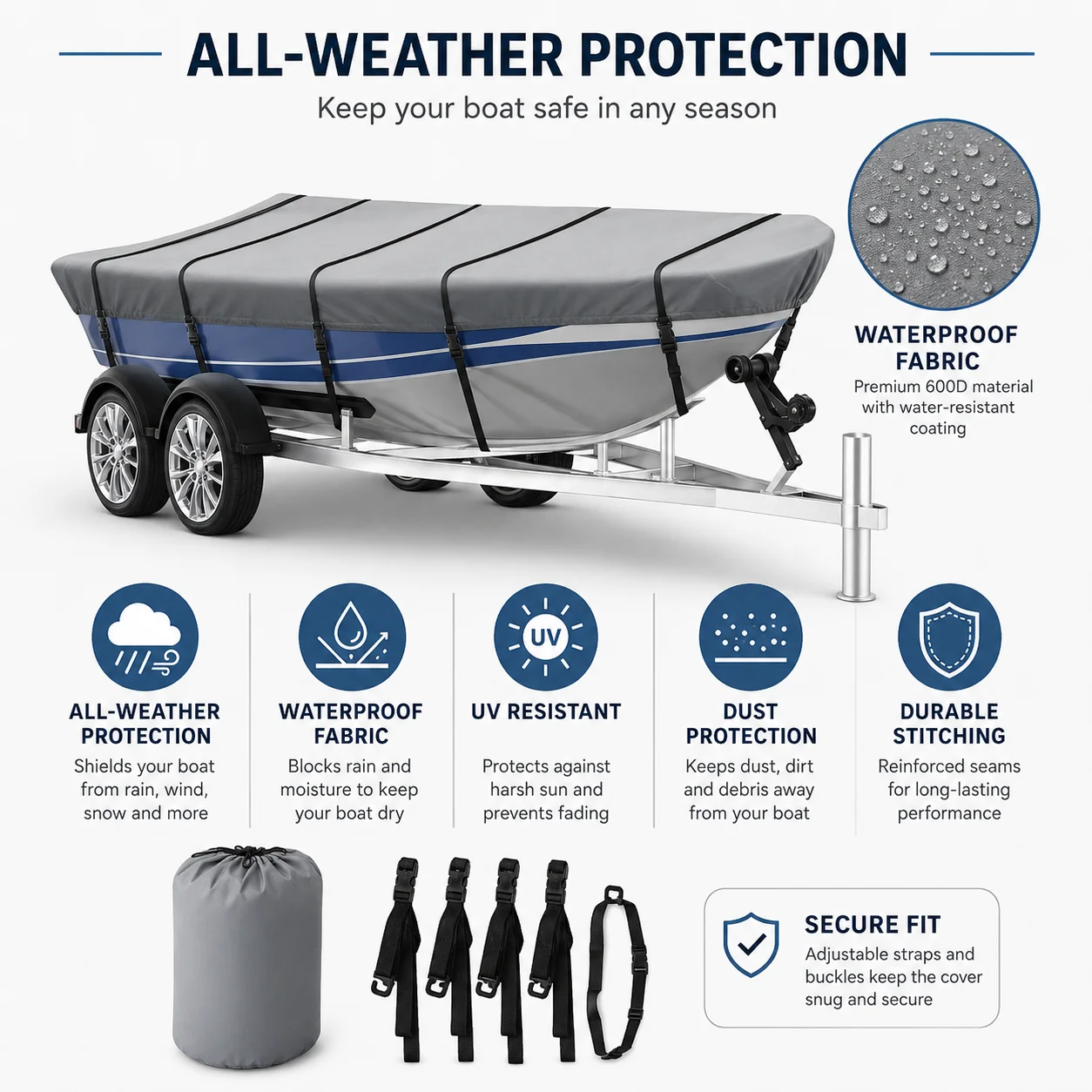 Outdoor Waterproof Boat Cover Trailerable Sun UV Protection for Kayak Jon Boat Speedboat Yacht Fishing Marine Accessories Set