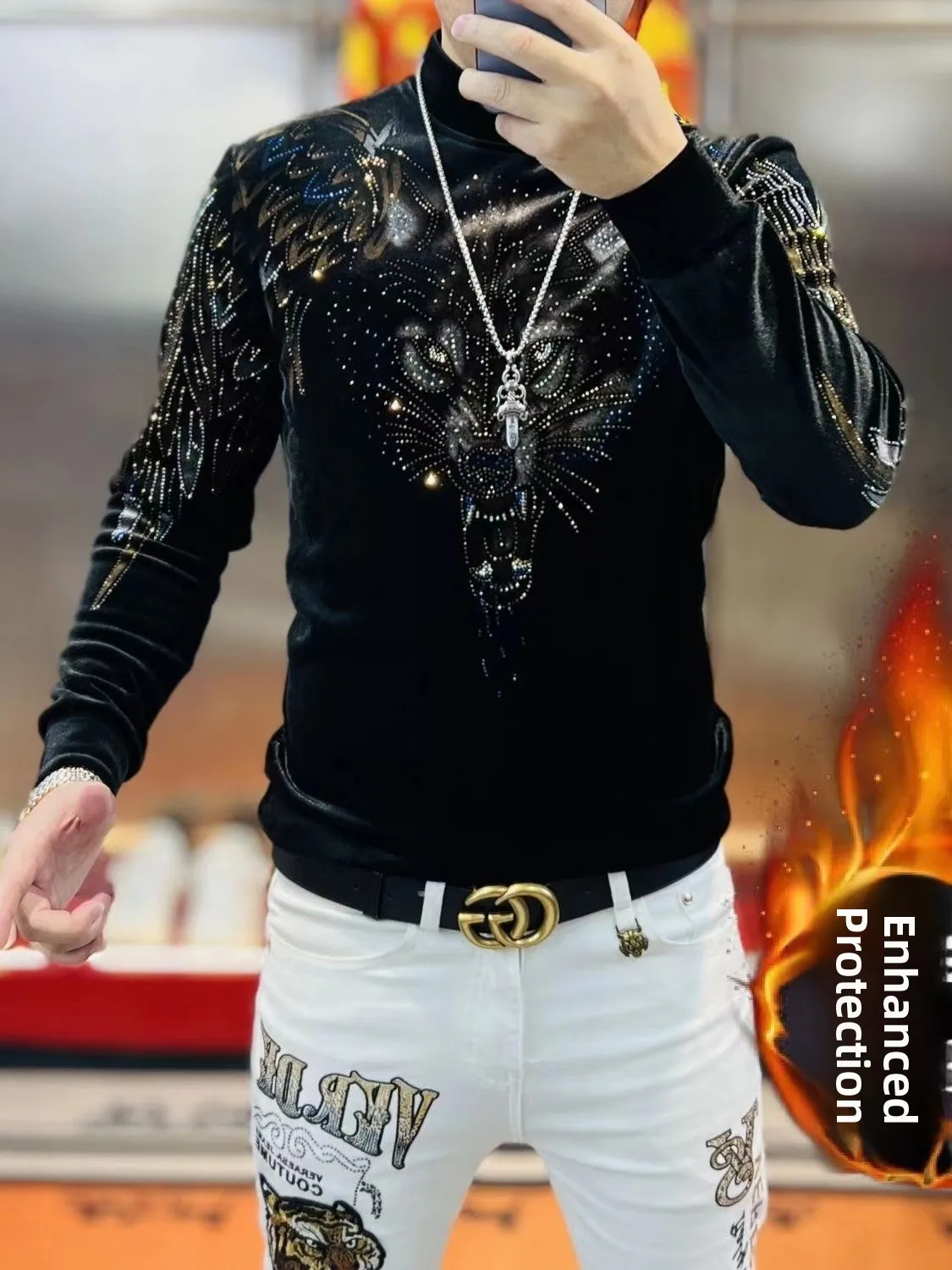 

Мужская модная толстовка с вышивкой «Голова волка» Fce Diamond Heat Transfer Base Layer irt Long Sve round Ne Busin...