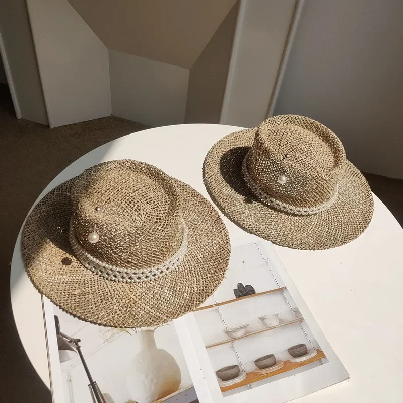 Women Leisure Panama Jazz Hat Natural Salty Grass Weaving Pearl Chain Pin Lady Cap Summer