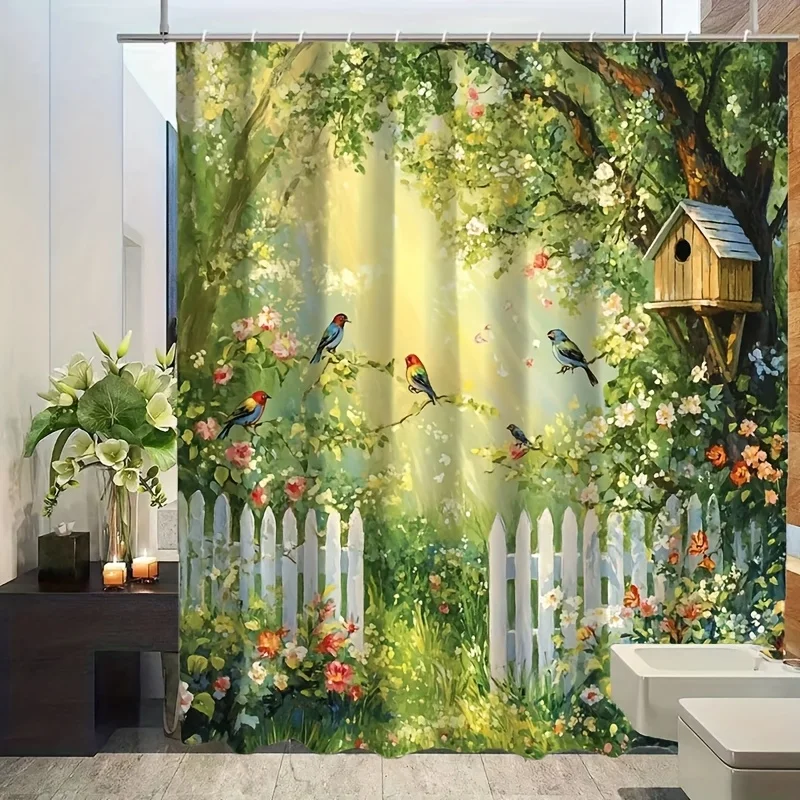 Enchanting Garden Floral Shower Curtain Picket Fence Bathroom Decor Waterproof Nature Woodland Spring Sun Shower Liner