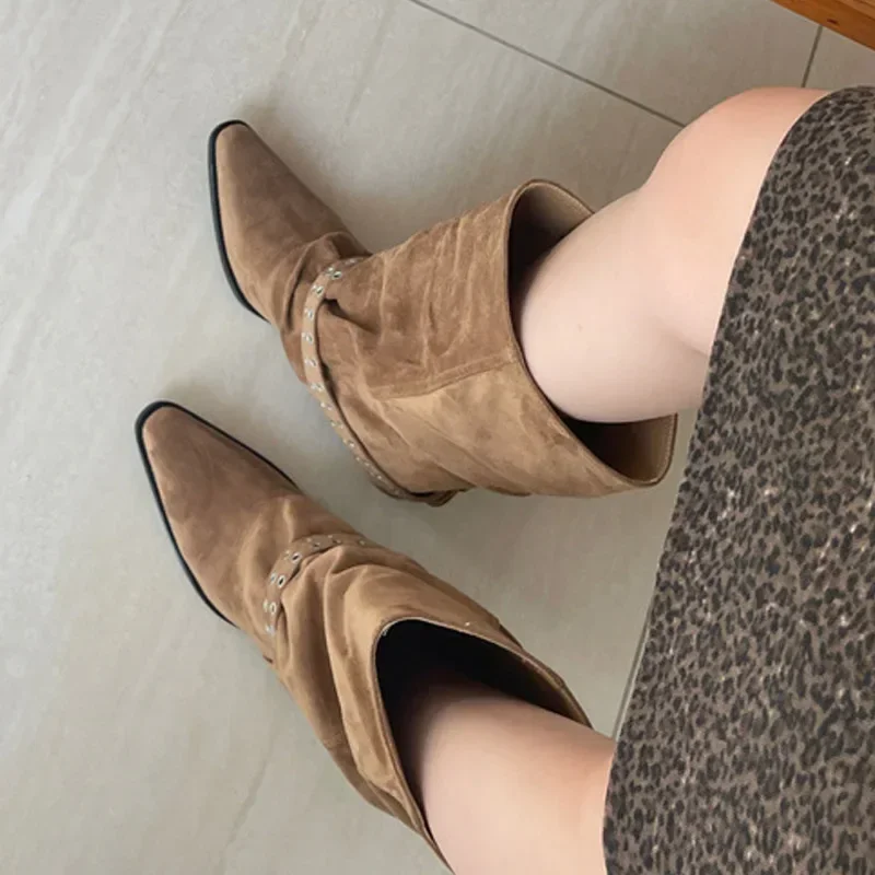 Aneikeh Autumn Winter Punk Design Hollow Rivet Splicing Belt Buckle Pointed Toe Women Ankle Boots Square Low Heels Shoes