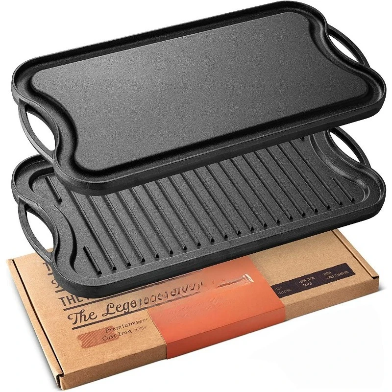 

Cast Iron Griddle for Gas Stovetop with Easy Grip Handles | 2-in-1 Reversible 20” | Use On Open Fire & in Oven | Lightly