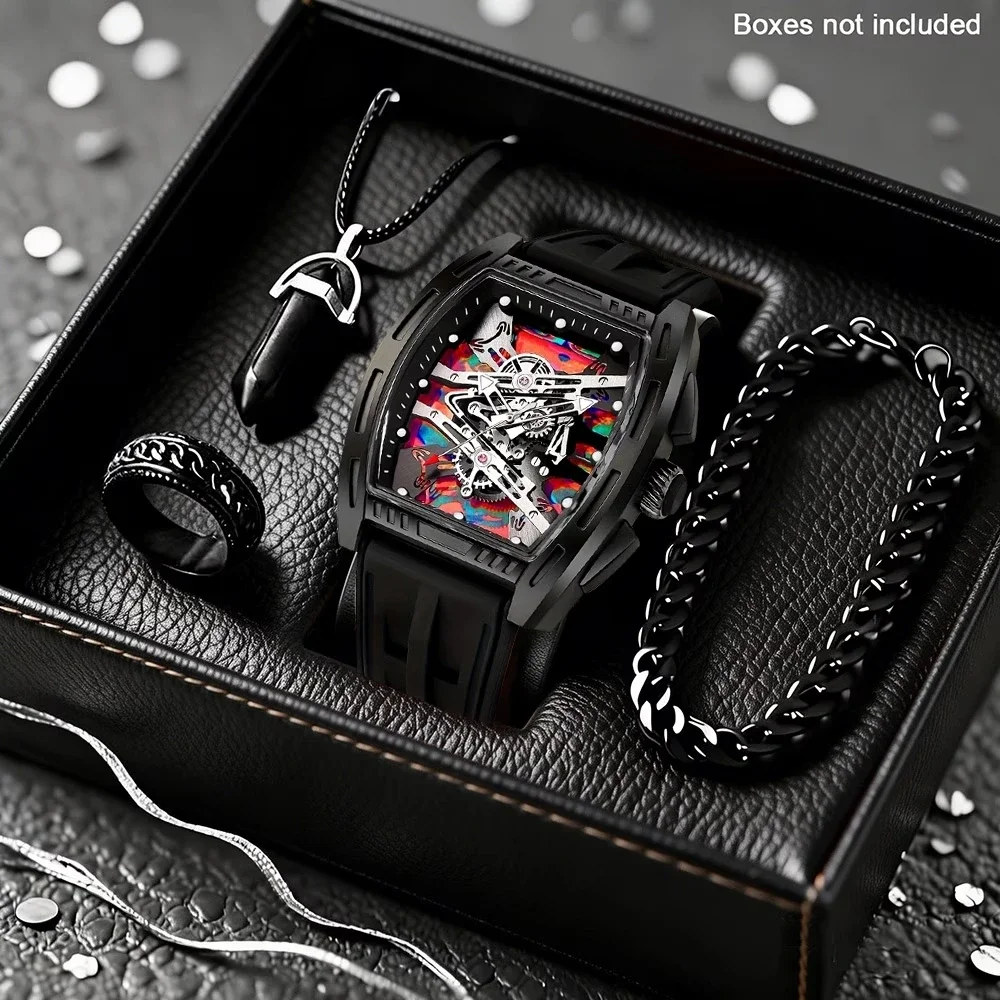 4PCS Retro Silicone Band Men Quartz Watch Jewelry Set Sports Wristwatches Accessories Gifts Relogio Masculino（Without Box）