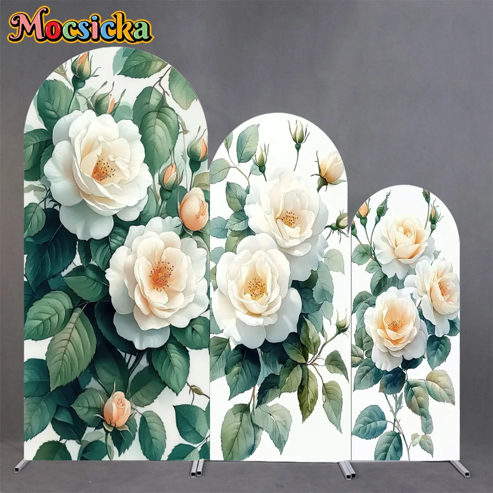 

Mocsicka Arch Backdrop Double-Sided Baby Shower Birthday Arched Cover Background Flowers Green Leaves Wedding Decor Studio Props