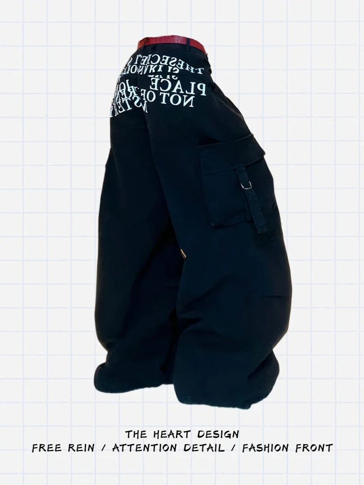 

American Sle Hot Girl Design Trendy Cool Print Work Pants Women Loose Straight Leg Wide Leg Jeans High Waist Denim Jeans