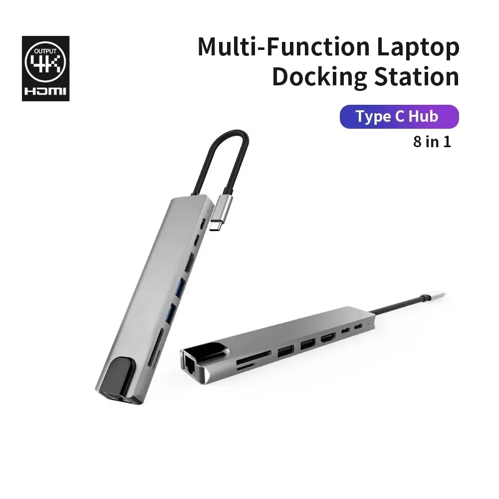 USB-C Multi-function Laptop Docking Station Converter Type-C to PD+USB*2+HDTV+Type-C+SD+TF+RJ45 87W Adapter Grey