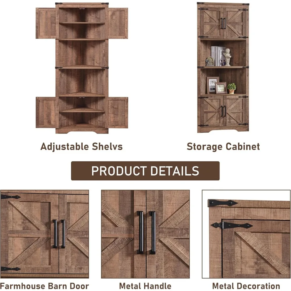 Bauernhaus-Eckschrank, hoher Eck-Badezimmerschrank mit Scheunentür und verstellbaren Regalen, für Wohnzimmer, Küche