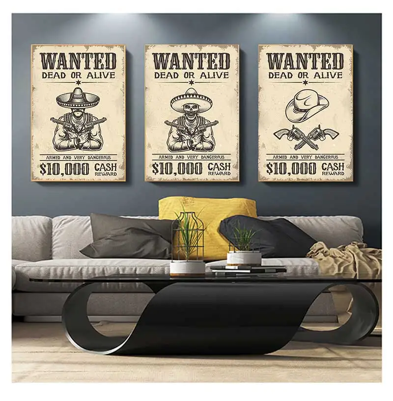 Vintage Wild West Wanted Old Poster Hat Crossed Guns Canvas Paintings Wall Art Print Picture for Living Room Interior Home Decor