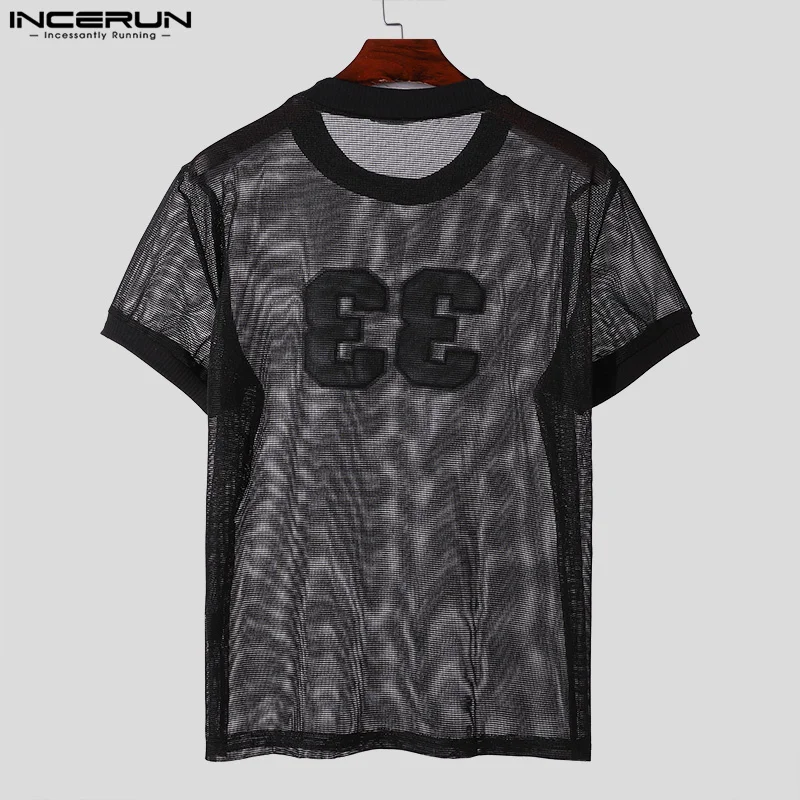 INCERUN Tops American Style Fashion Men Mesh Fabric Digit Printed T-shirt Casual Personality O-neck Short Sleeved Camiseta S-5XL