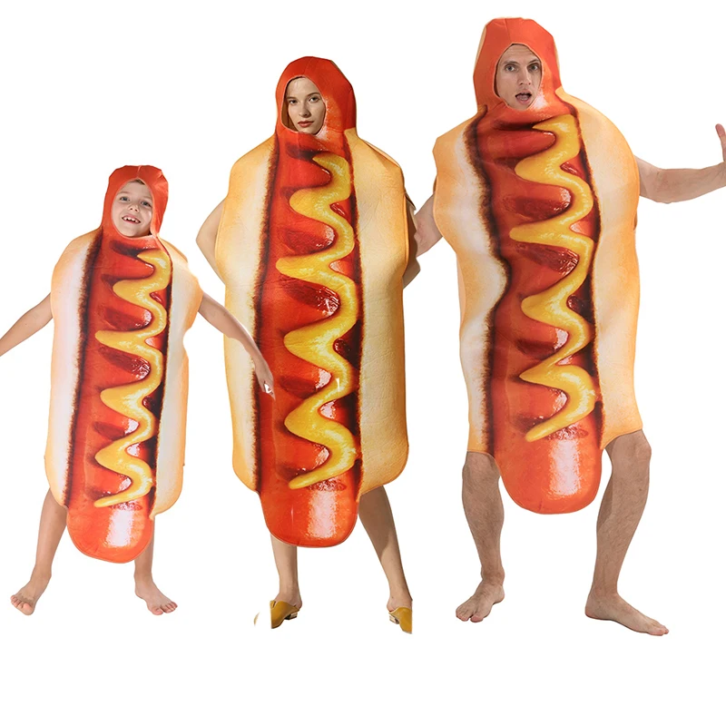 Erwachsene Kinder lustige 3D-Druck Essen Wurst Hot Dog Kostüme Halloween Männer Frauen Familie Kostüm Karneval Essen Kostüm