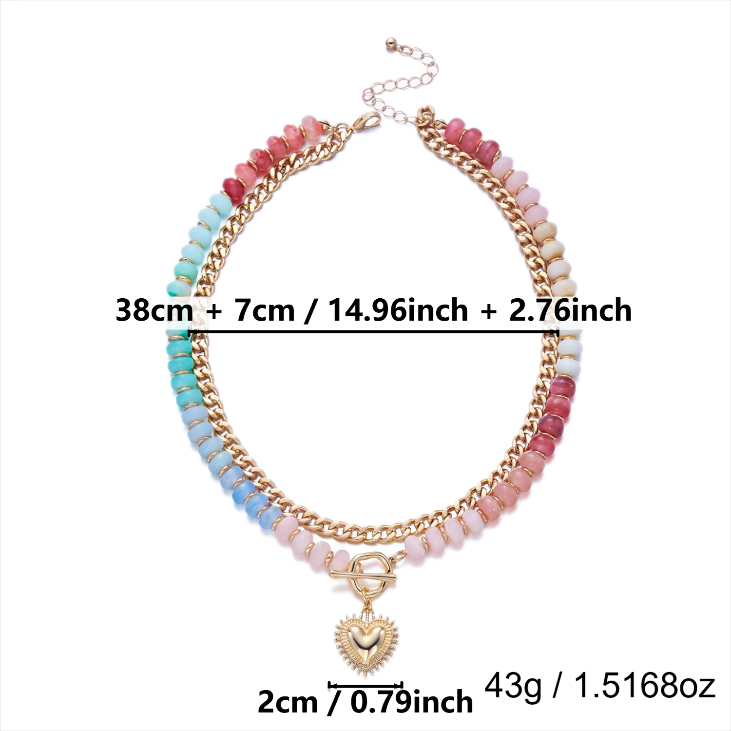 Boho Bunte Harzperlen-Doppelschicht-Halsketten für Damen, Vintage Herz OT Toggle Anhänger Choker, Sommer Charms Schmuck Geschenke – Detail 7