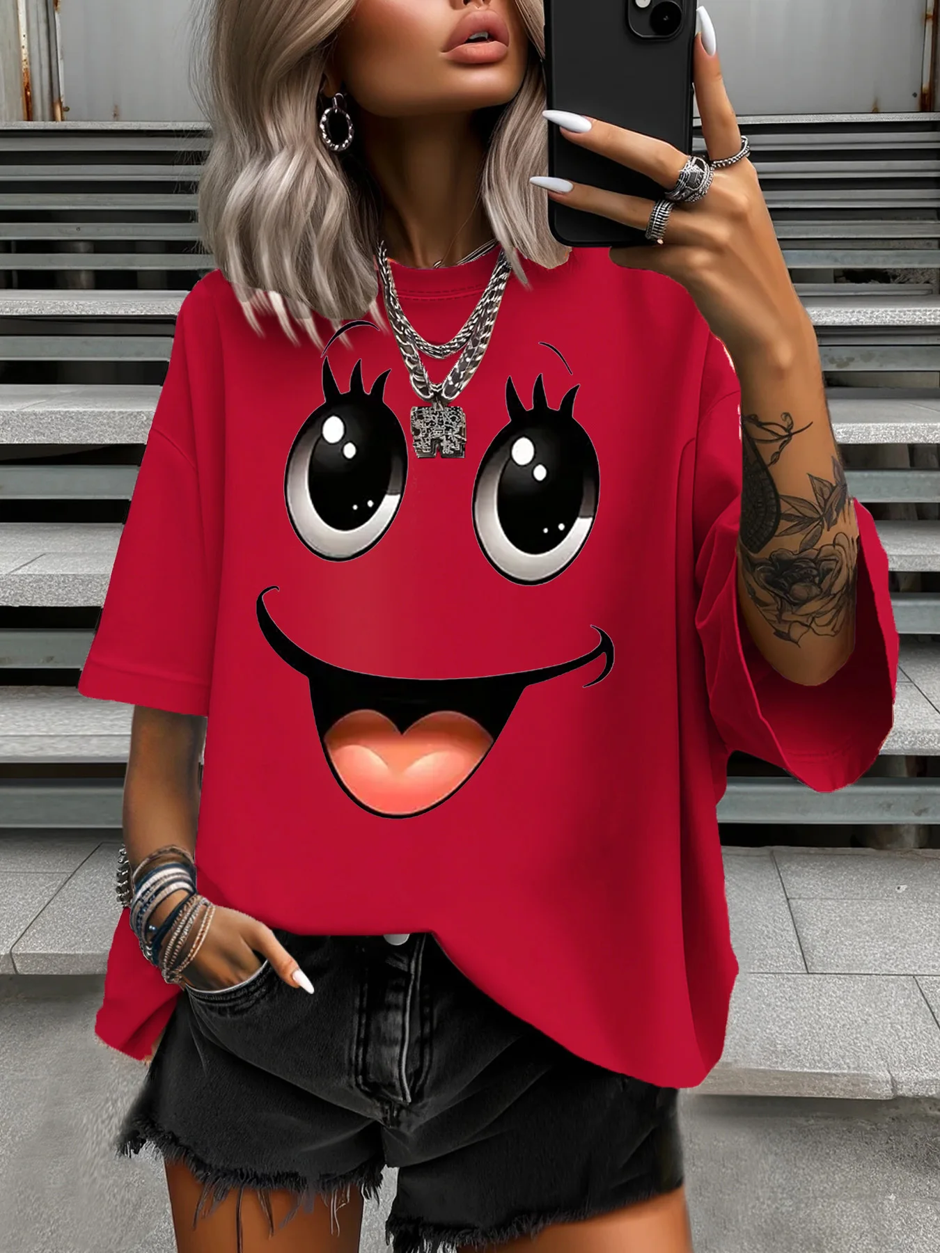 Летняя женская футболка, оригинальный дизайн, модные женские повседневные топы с забавным принтом улыбки и круглым вырезом с короткими рукавами