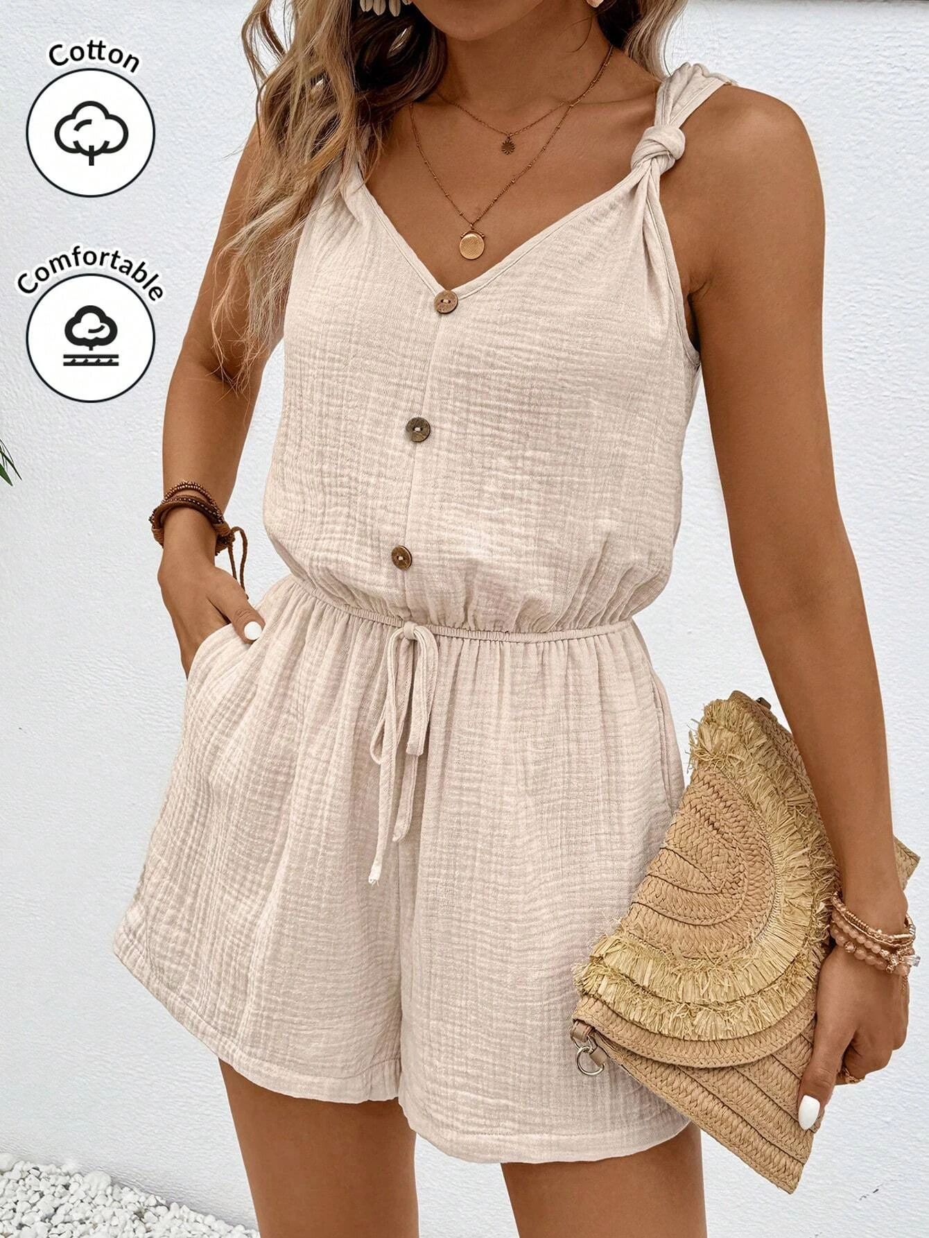 

Цельный летний комбинезон из 100% хлопка, сексуальный и элегантный дизайн с v-образным вырезом, с эластичной линией талии для повышения предложения тела