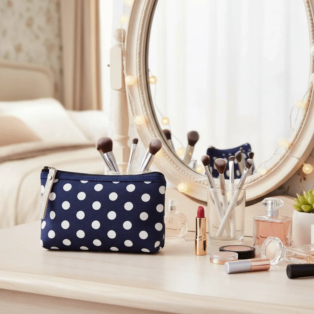 Small Fresh Canvas Dot Makeup Bag Simple Skincare Storage Cosmetic Bag Portable Zipper Coin Purse Daily Storage