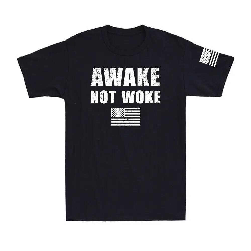 

Awake Not Woke American Flag Conservative Funny Political Joke Vintage T-Shirt