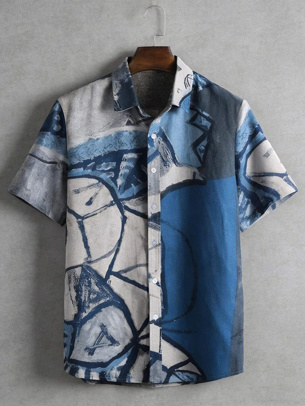 2026 New men's summer simple retro short-sleeved lapel shirt beige graffiti 3D printed shirt outdoor casual outdoor men's tops