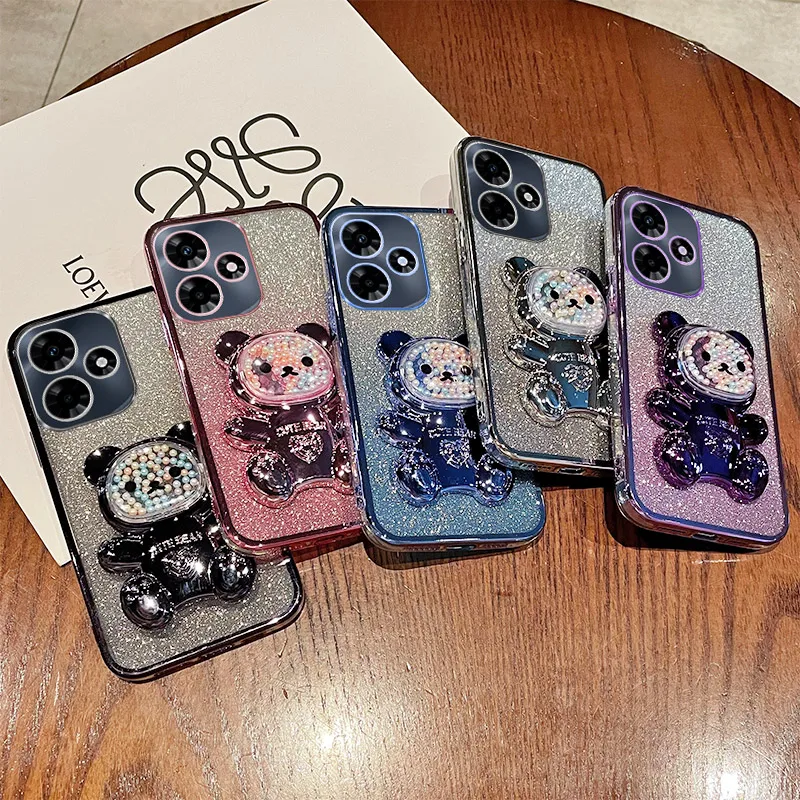 

Hot 30 Play Case For Infinix Hot 30 Play Hot 30 Play NFC Luxury Gradient Glitter Plating Quicksand Beads Cute Bear Holder Cover