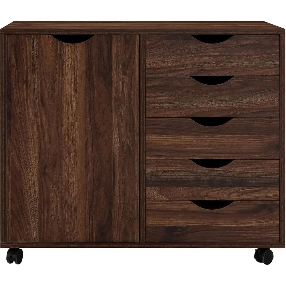 

5-Drawer Chest with Wheels, Durable Wood Storage Cabinet, Space-Saving Drawer Unit for Home and Office, Brown Oak