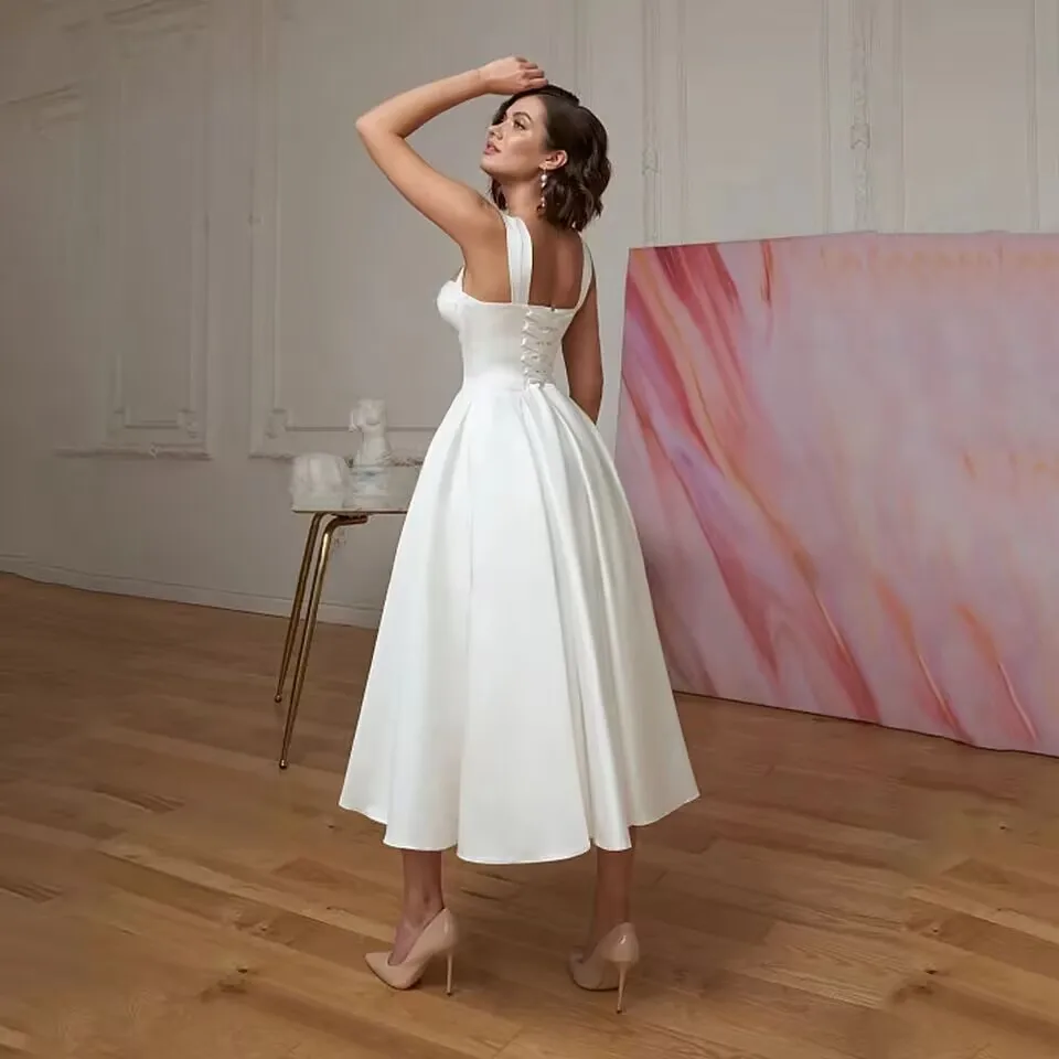 Customized Simple Satin Wedding Dress Strap A-Line robes de soirée Tea-Length Valentines Day Party Evening Gowns