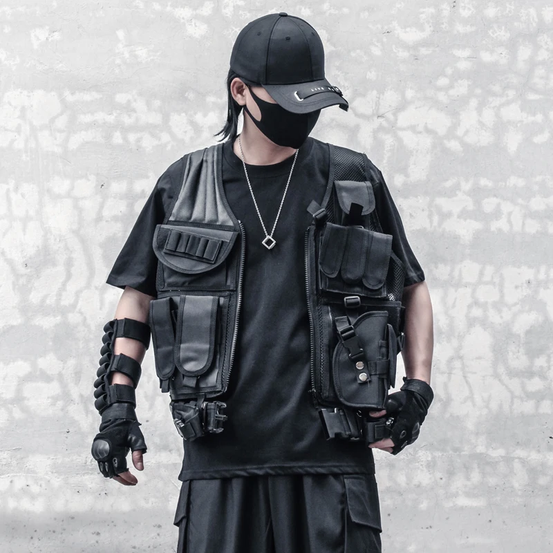 Tactical Vest Men Functional Cargo Vest Sleeveless Coat Drawstring Stitching Casual Vest Techwear