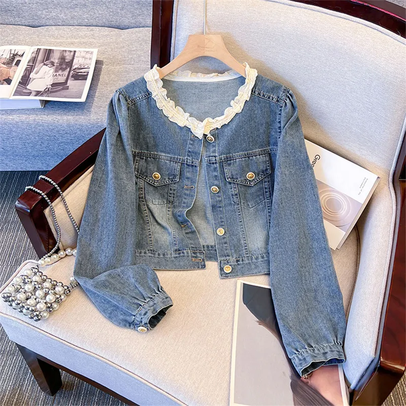 

Осенняя модная кружевная лоскутная синяя джинсовая куртка с круглым вырезом, женская тонкая короткая корейская джинсовая куртка с длинными рукавами, женское базовое пальто