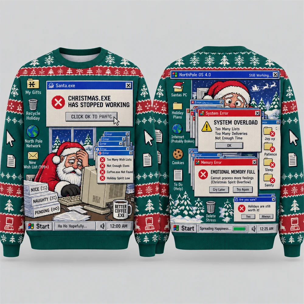 North Pole IT Support Santa Sweatshirt Men Funny 3D Computer Print Christmas Crew Neck Pullover Long Sleeve Holiday Party Top
