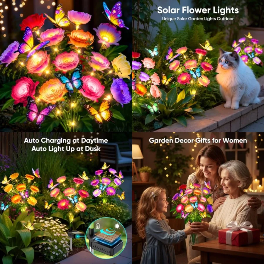 

Solar Flowers Lights Outdoor Waterproof: LED Solar Lights Decorative for Outside Garden Decor with Butterfly Auto-On/Off for Ya