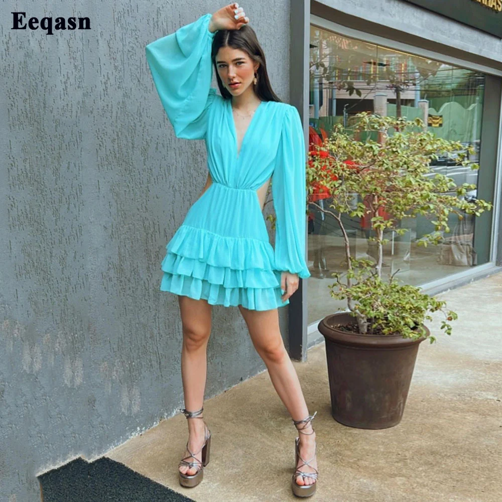 

Eeqasn Blue Chiffon Prom Dresses V Neck Long Puff Sleeves Garden Boho Bride Party Formal Gowns Tiered Cut-out Cocktail Dress