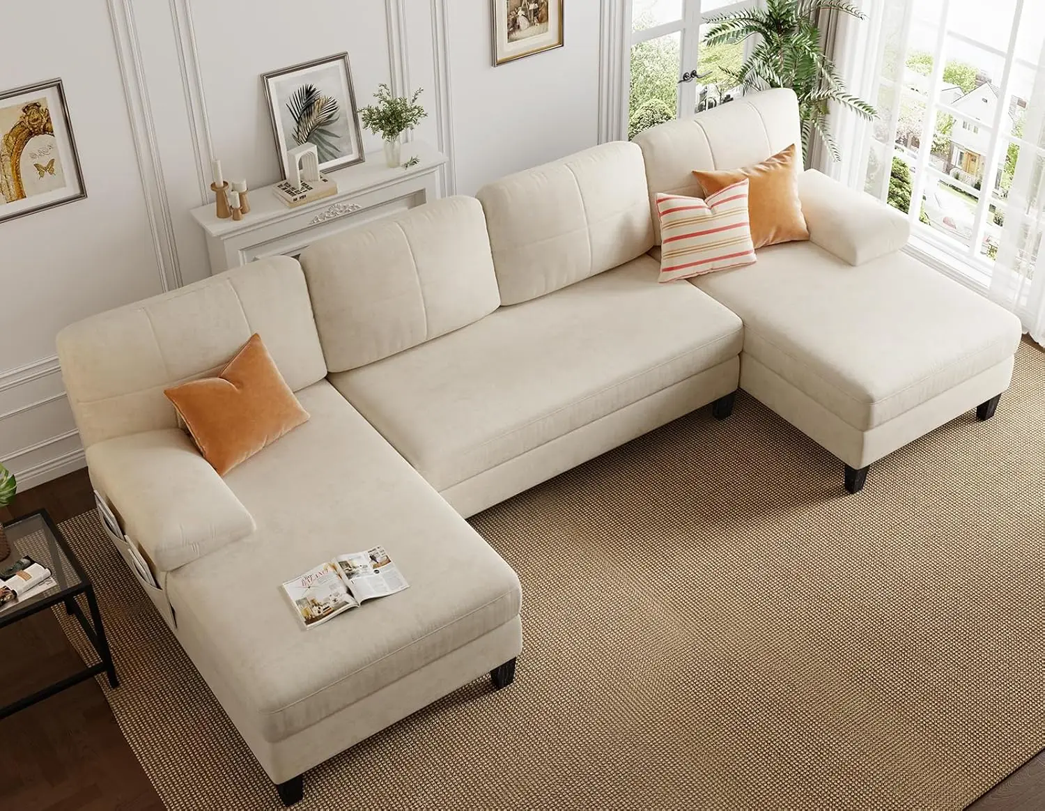 112-inch beige U-shaped storage sofa, a must-have for living rooms.