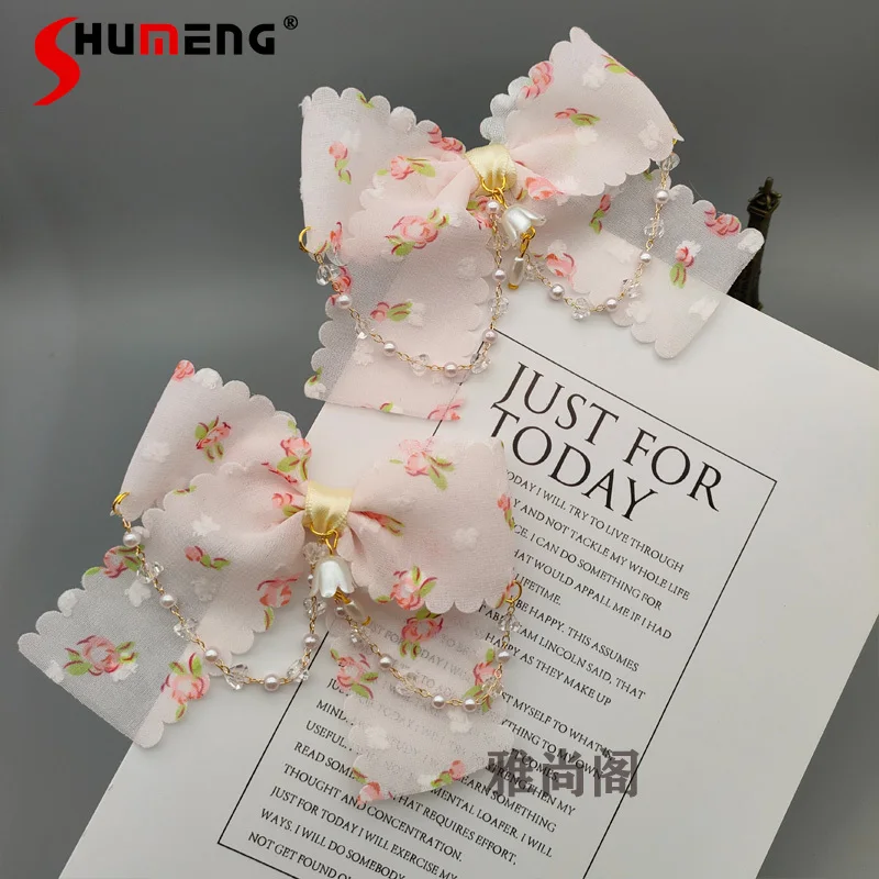 Japan Kawaii Hair Accessories Snow Yarn Linglan Pearl Flower 5cm Duckbill Clip Hairpin Sweet Lolita Princess Shoe Ornament Clips