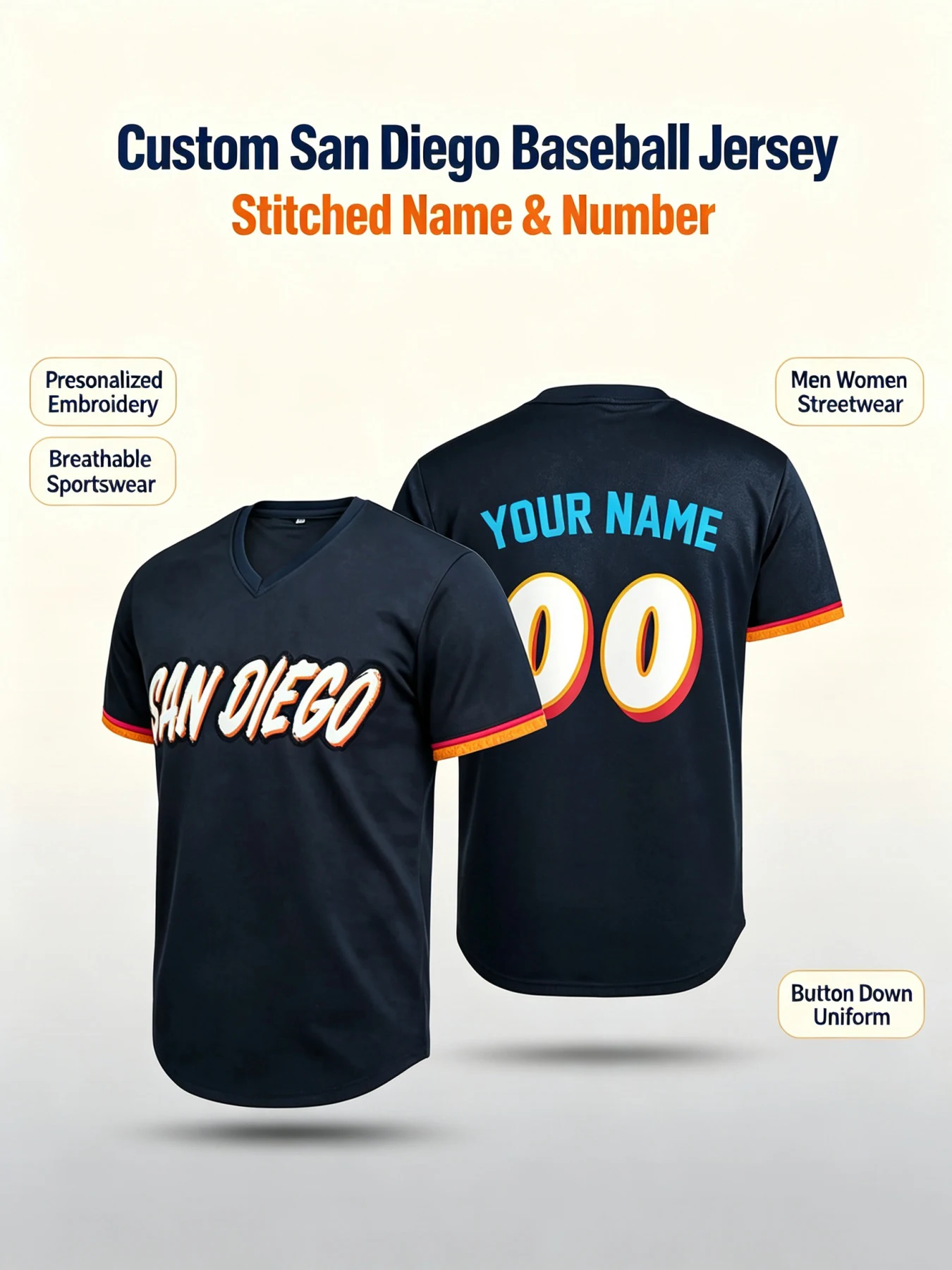 Custom Baseball Jersey Personalized Name Number Short Sleeve Breathable San Diego Sports Shirt For Men Women Casual Party Jersey