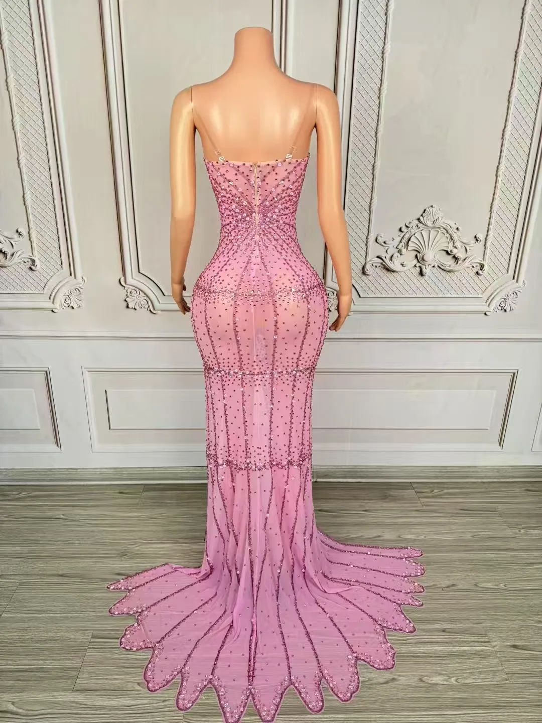 Robe de Soirée Luxueuse en Maille Transparente, Tenue de Bal Sexy, Fente Latérale, Sans Bretelles, avec Strass, pour Séance Photo