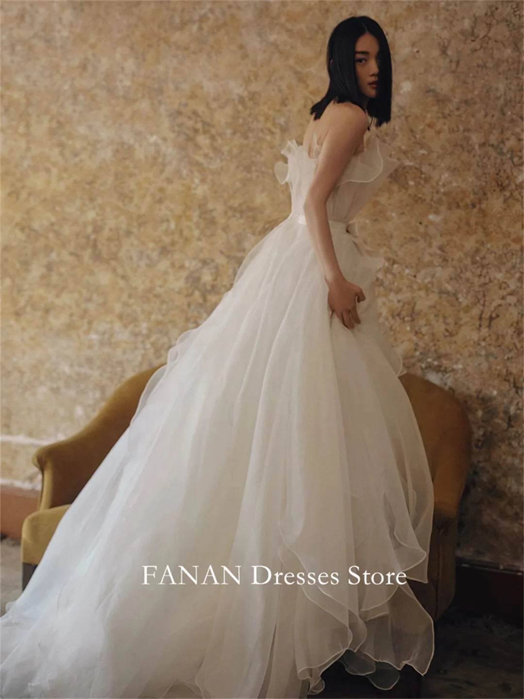 FANAN Korea Strapless Vintage A-Line Organza Wedding Dresses 웨딩드레스  Travel Photography Classic Customized Bride Gowns Plus Size