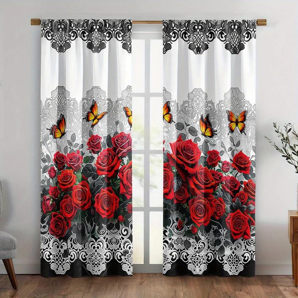 Elegant Red Rose Butterfly Print Curtain Panels for Living Room Home Decor Window Treatment