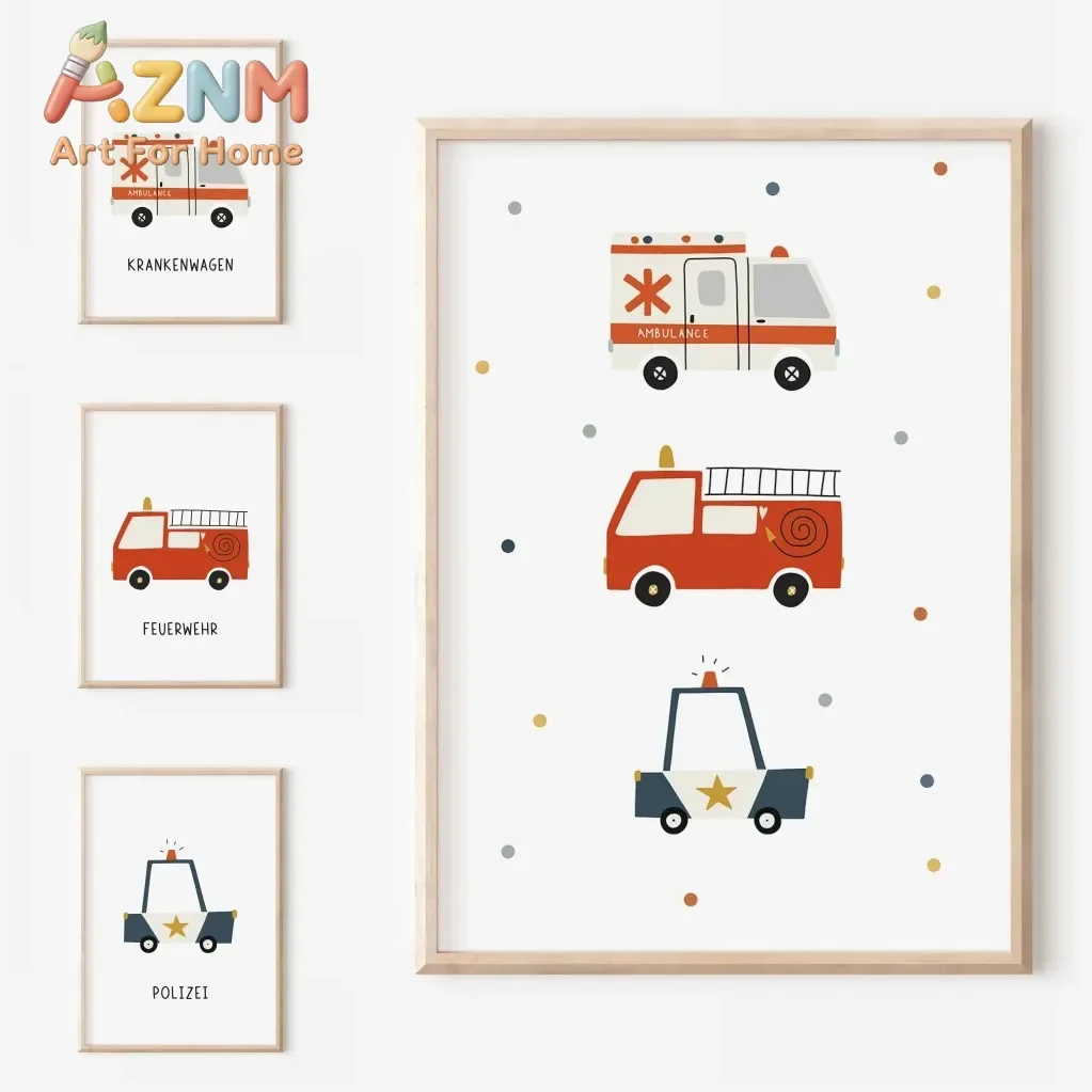 Colorful Vehicles Alphabet Canvas Painting Cartoon Lovely Poster Fire brigade Police Ambulance Wall Art Prints Baby Room Decor