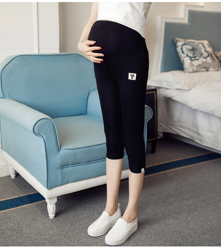 

2024 Summer Mid-Calf Pregnant Women Legging Modal Cotton Abdomen Pants Fashion Embroidery Style Maternity Skinny Capris Trousers