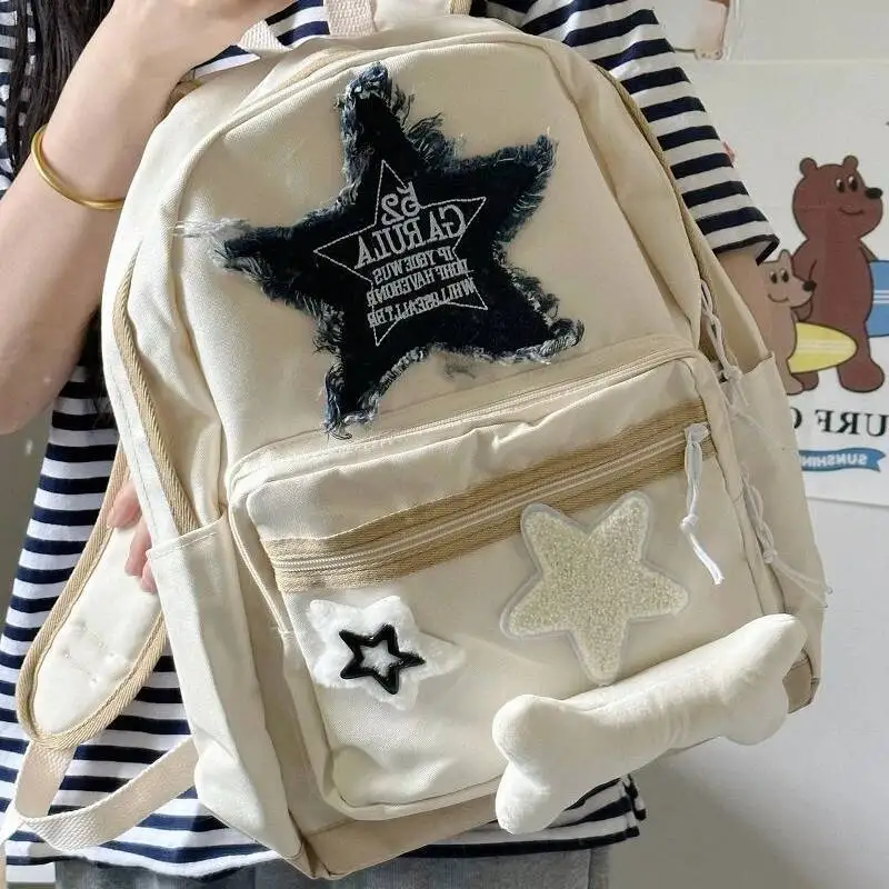 2025 Trendy Letter Embroidery Bags For Women Casual Students Sweet Preppy Schoolbags Y2k Star Bone All Match Backpacks Japanese