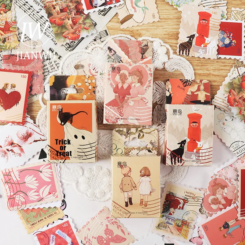 JIANWU 46 Pcs Vintage Decoration Label Boxed Stickers Literature Art Journal Collage Material Scrapbooking Stickers Stationery