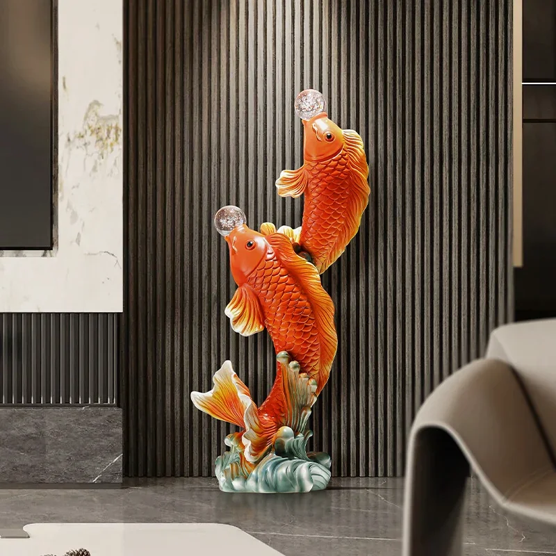 Home Decor Sculptures Decoration Accessories Double Fish Playing Pearl Koi Carp Landing Ornament Living Room Resin Animal Statue