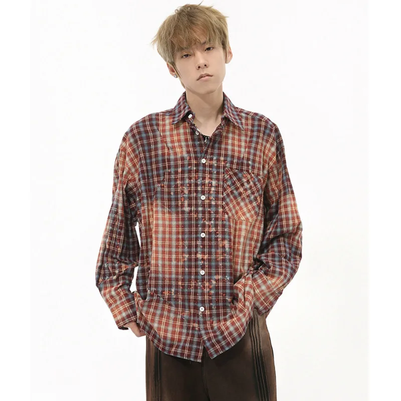 

SYUHGFA Korean Style Men's Shirts Casual Turn-down Collar Contract Color Plaid Long Sleeved Single Breasted Loose Male Tops