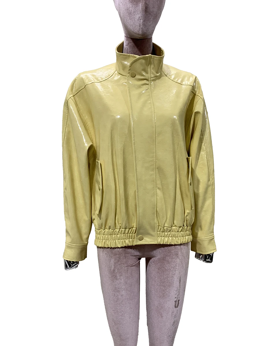 

Spring Autumn Short Windproof Shiny Bright Yellow Pu Leather Jacket Women Stand Collar Chic Luxury Designer Clothes Fashion 2025