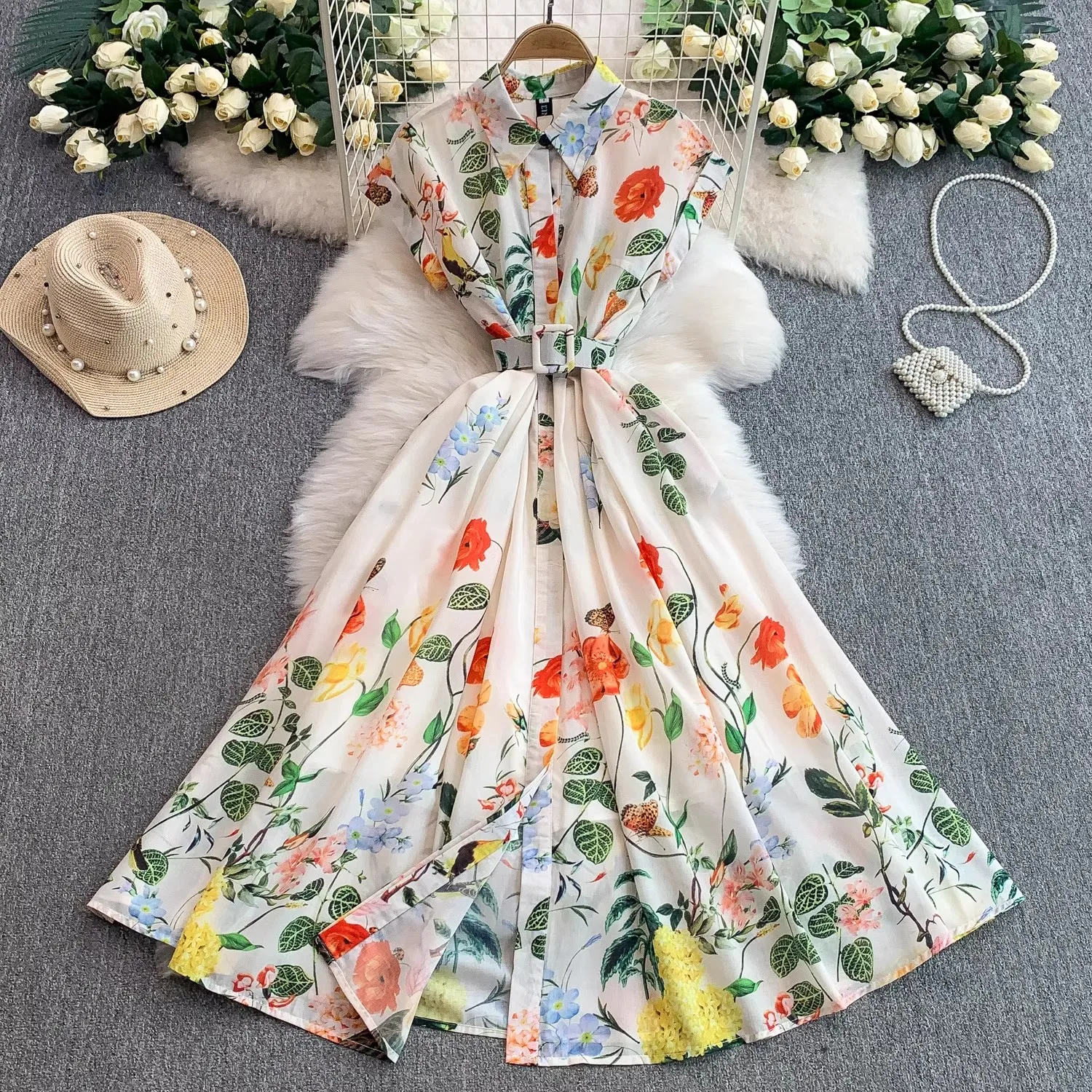 

Brand Designer Floral Long Dress Shirt Women Summer Holiday Single Breasted Floral Printed Belt Midi Casual Dresses Female