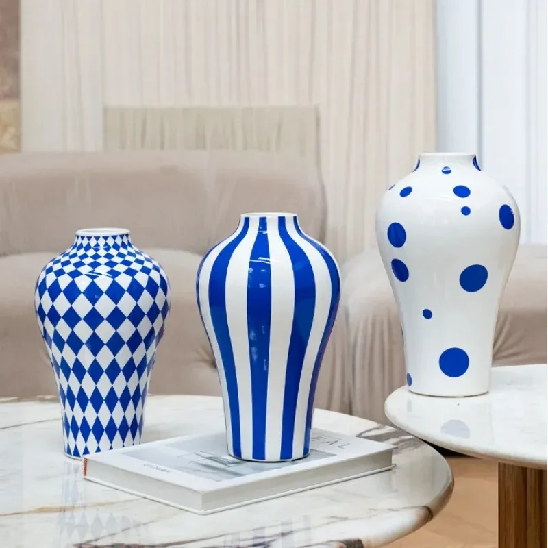 1Pcs Ceramic Vase Blue Geometric Quilted Pattern Polka Dots Flower Arrangement Accessories Ceramic