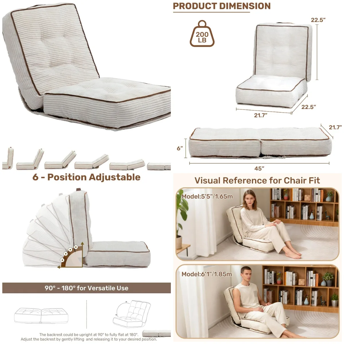 

Adjustable Floor Chair, 6-Position Recliner with Back Support, Portable Lazy Sofa, Beige