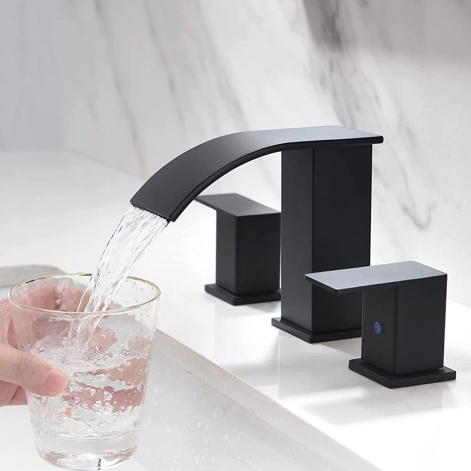 

Luxury Black Waterfall Bathroom Faucet 3 Holes 8 Inch Widespread Bathroom Sink Faucet Two Handles Lavatory Vanity Sink Faucets