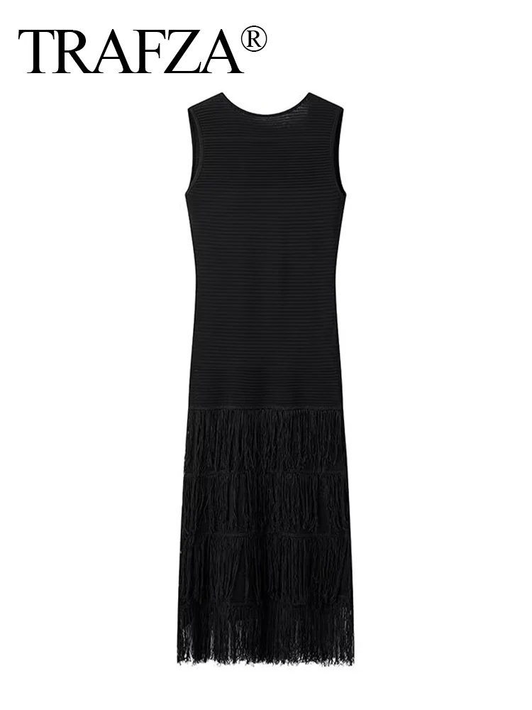 

TRAFZA Women's Fashion Black Crew Neck Sleeveless Backless Zipper Tassel Dress Female Sexy Elegant Thread High Street Long Dress