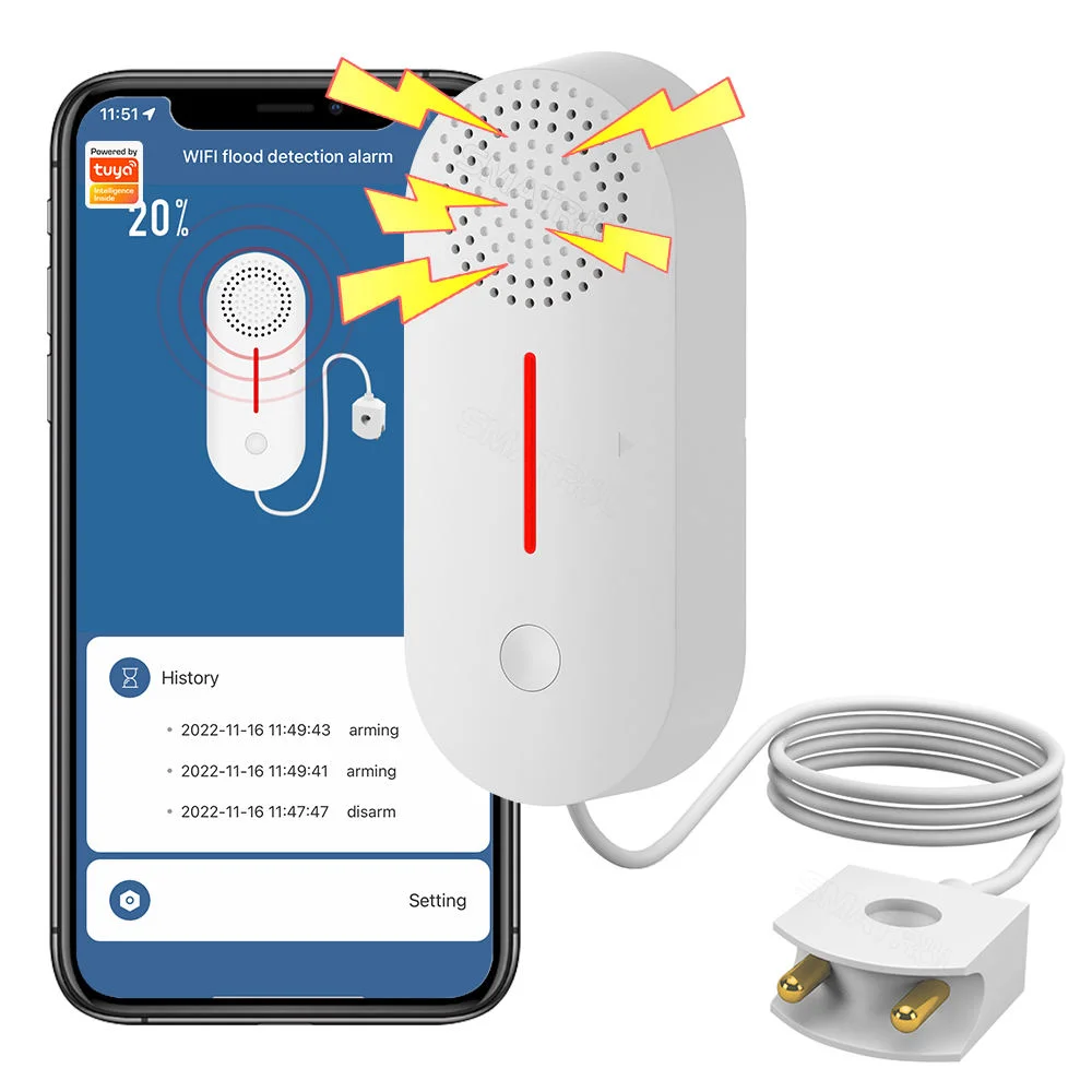 Tuya Home Security Smart WiFi Water Alarm Sensor Tank Low Level Monitoring Water Leak Detector Wifi Have 80CM Cable 100dB Sound
