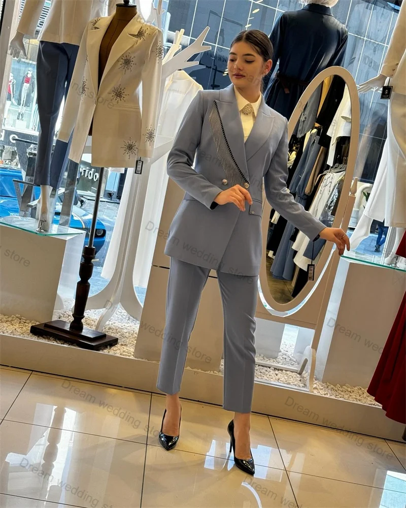 

Grey Office Women Suits Pants Set 2 Piece Beading Blazer+Trousers Formal Prom Wedding Tuxedo Tailored Fall Autumn Jacket Coat